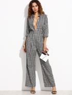 Shein Black Gingham Band Collar Deep V Neck Jumpsuit