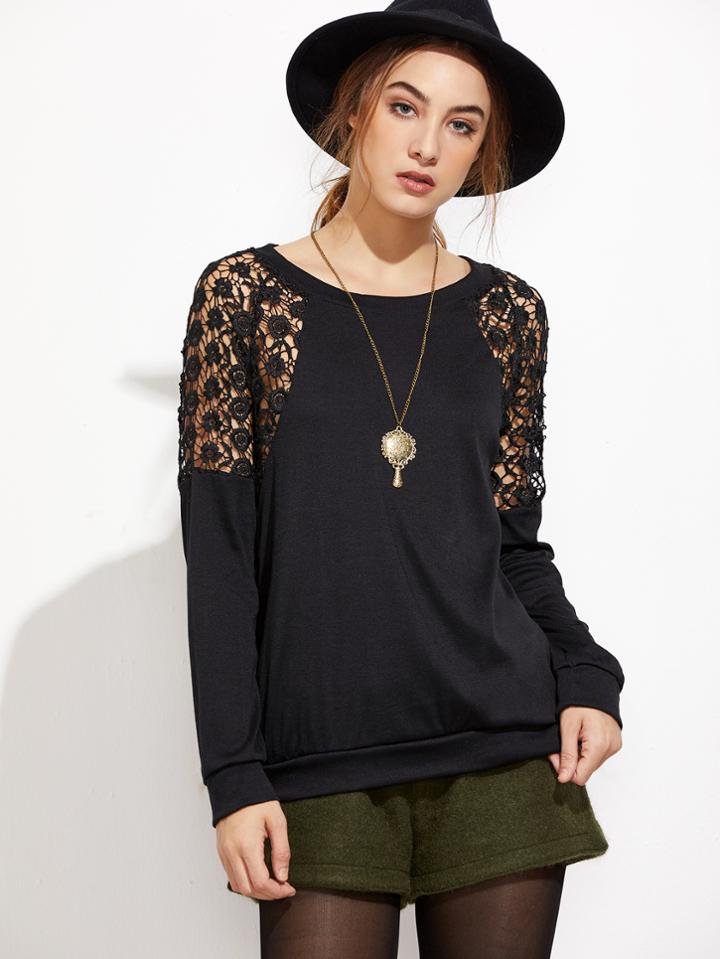 Shein Black Contrast Crochet Sweatshirt