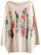 Shein Multicolor Batwing Sleeve Feather Print Knitwear