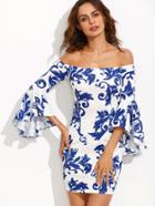 Shein Print In White Off The Shoulder Bell Sleeve Bodycon Dress