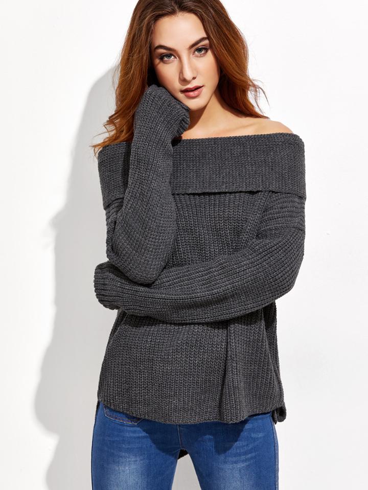 Shein Dark Grey Drop Shoulder Two Way High Low Sweater