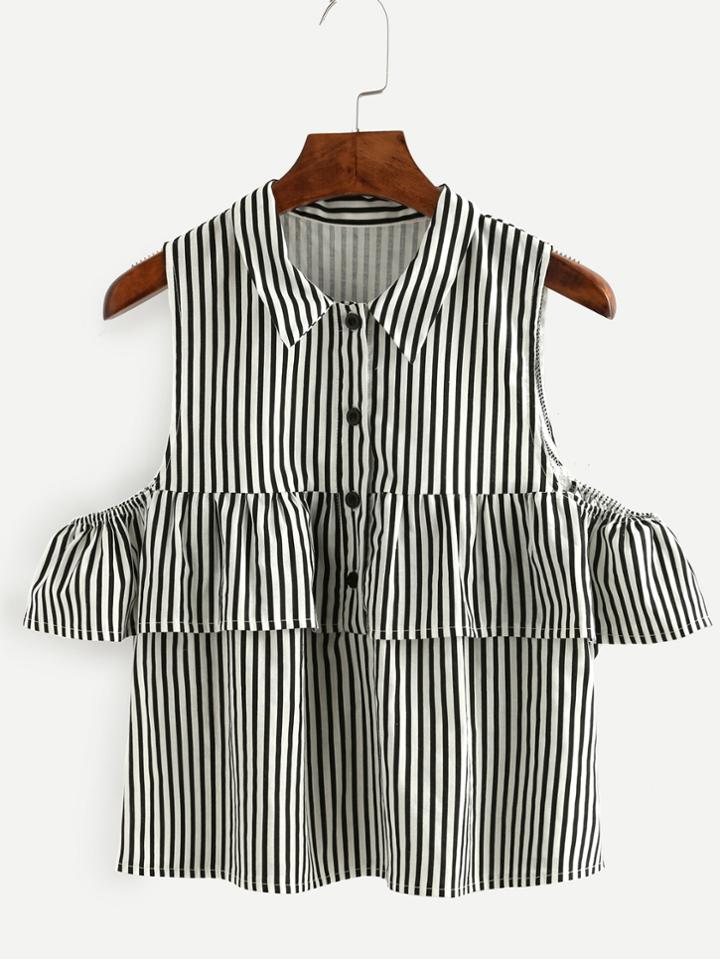 Shein Contrast Striped Button Front Open Shoulder Ruffle Top