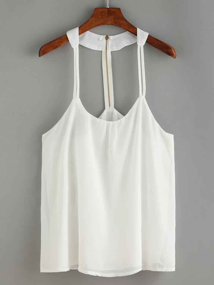 Shein White Zipper Chiffon Cami Top