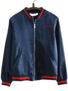Shein Navy Letter Embroidery Zipper Up Baseball Jacket