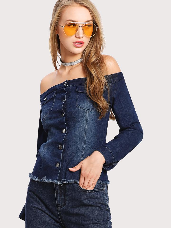 Shein Frayed Hem Bardot Denim Top