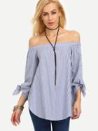 Shein Blue Striped Off The Shoulder Bow Cuff Blouse