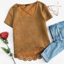 Shein Crisscross Front Scalloped Edge High Low Tee