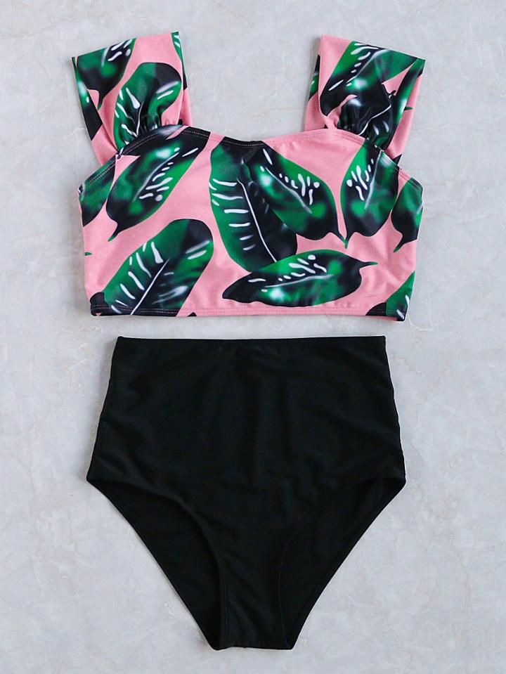 Shein Leaf Print High Waist Tankini Set