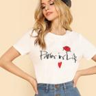 Shein Letter And Flower Embroidered Tee