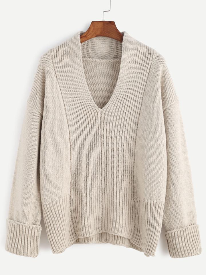 Shein Apricot V Neck Drop Shoulder Cuffed Sweater