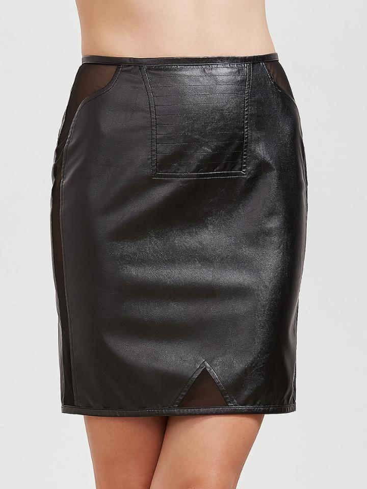 Shein Black Mesh Insert Faux Leather Skirt