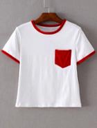 Shein Red Trim & Pocket White Crop T-shirt