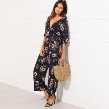 Shein Surplice Neck Wide Leg Floral Jumpsuit