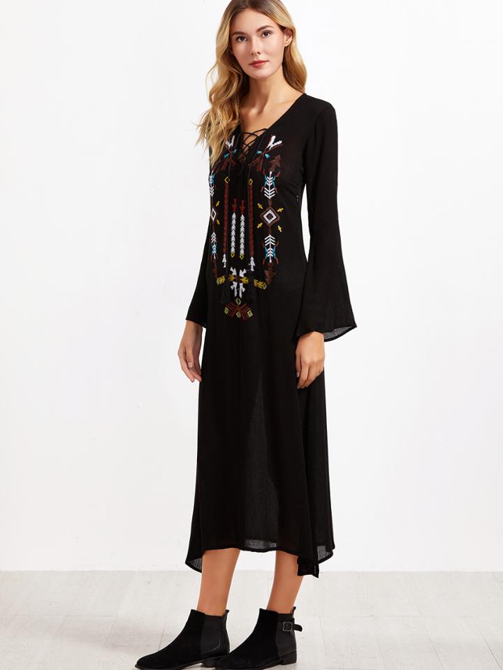 Shein Black Embroidered Tassel Tie Neck Bell Sleeve Dress