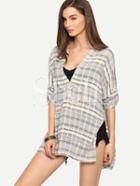 Shein Multicolor Plaid V Neck Split Side Blouse