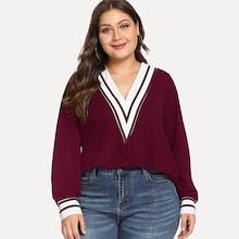 Shein Plus Contrast Striped V-neck Tee