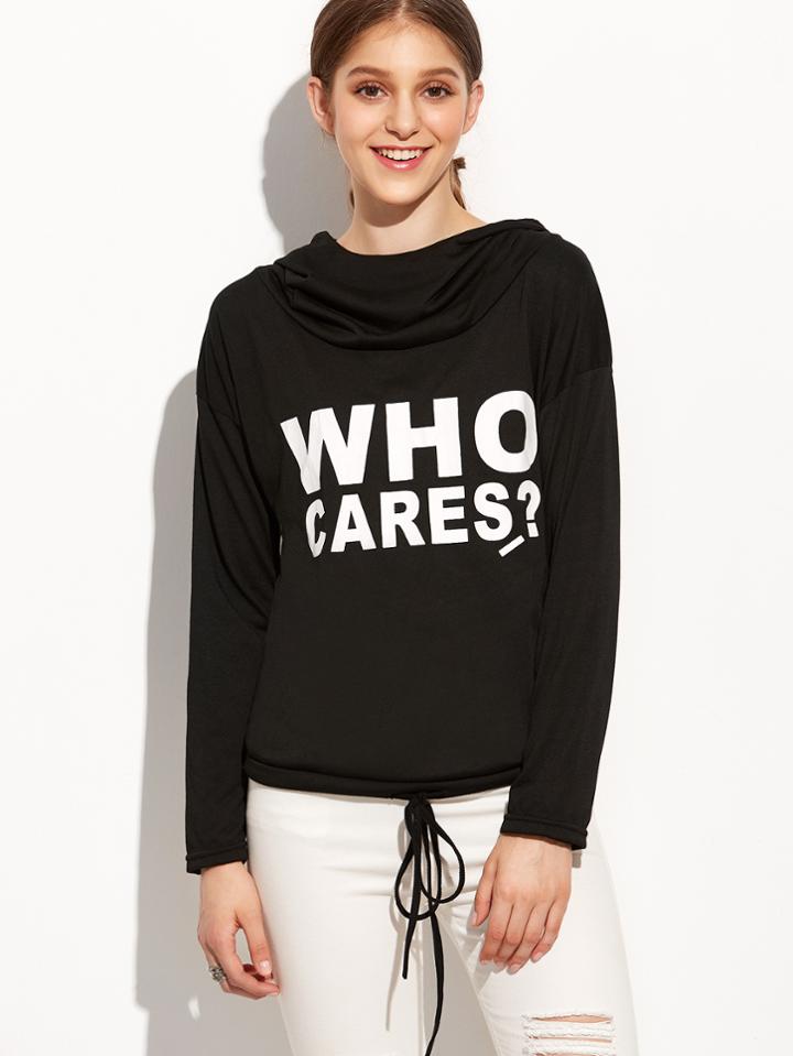 Shein Black Letter Print Drawstring Hem Hooded Sweatshirt