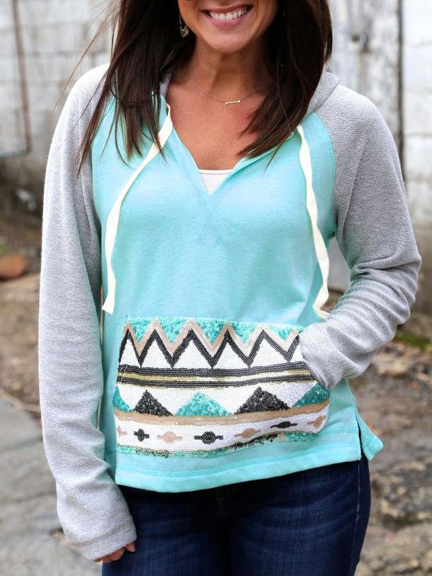 Shein Green Grey Hooded Sequined Loose Sweatshirt