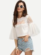 Shein White Mesh Bell Sleeve Crop Sequin T-shirt