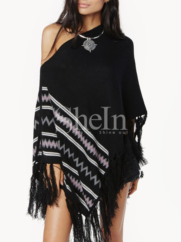 Shein Black Batwing Geometric Print Tassel Cape Sweater