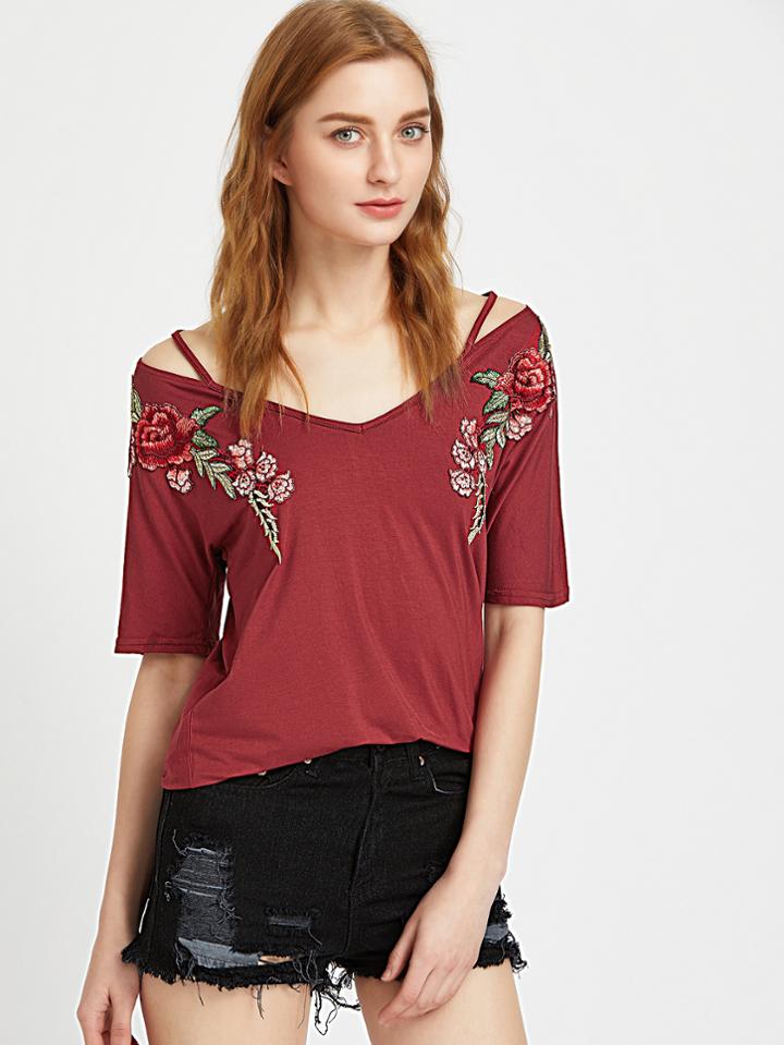 Shein Burgundy Rose Patch Strappy V Neck Tee