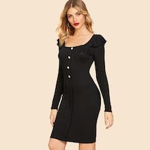 Shein Flutter Sleeve Button Front Bodycon 70s Dress