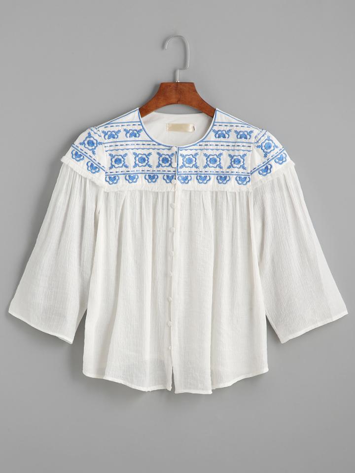 Shein White Embroidered Fringe Button Front Pleated Blouse