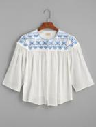 Shein White Embroidered Fringe Button Front Pleated Blouse