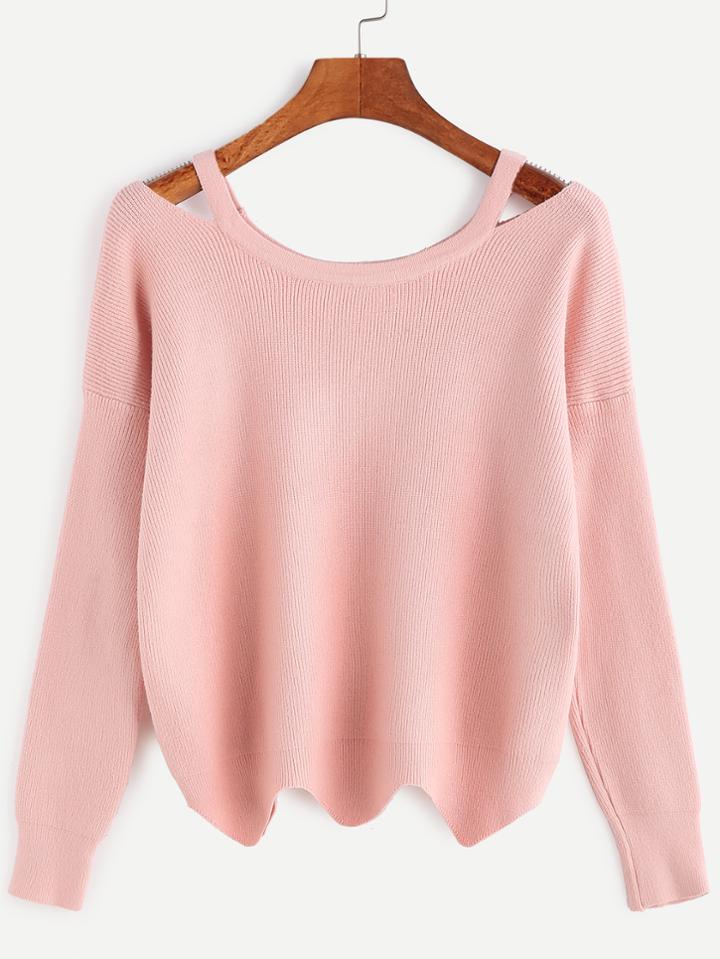 Shein Pink Cut Out Neck Wave Hem Sweater
