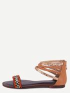 Shein Camel Geometric Pattern Zipper Ankle Strap Flat Sandals