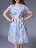 Shein Blue V Neck Hearts Print A-line Dress