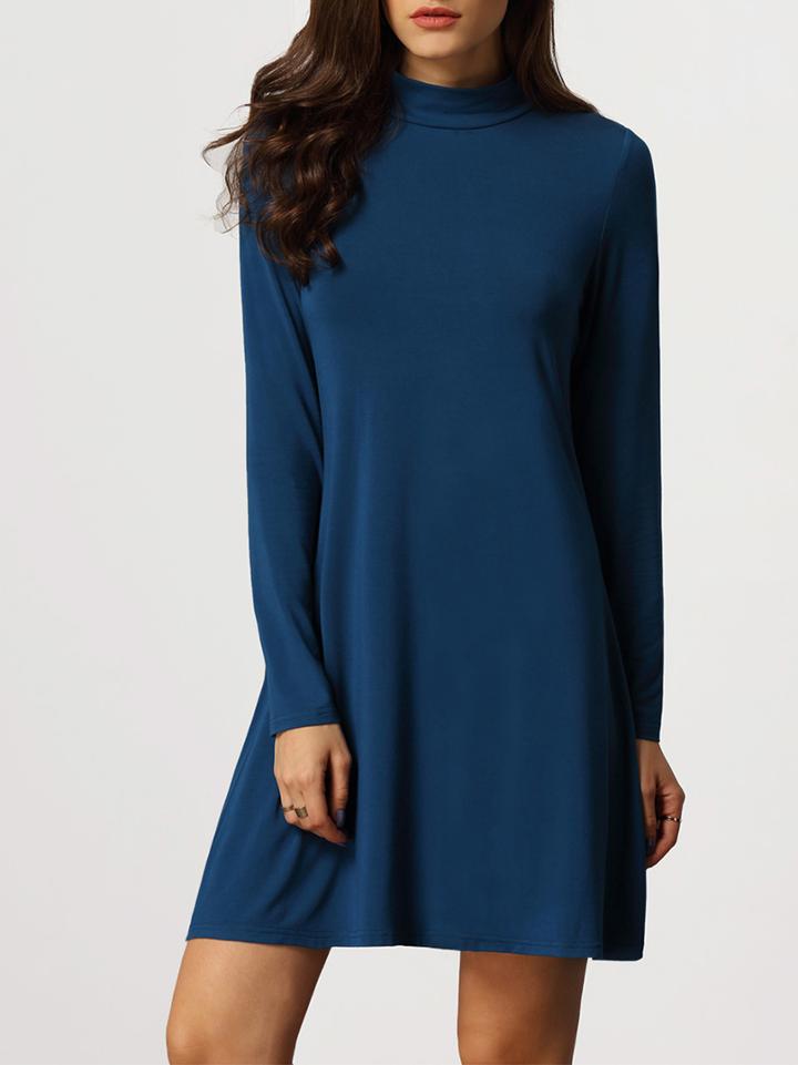 Shein Blue Mock Neck Keyhole Back T-shirt Dress