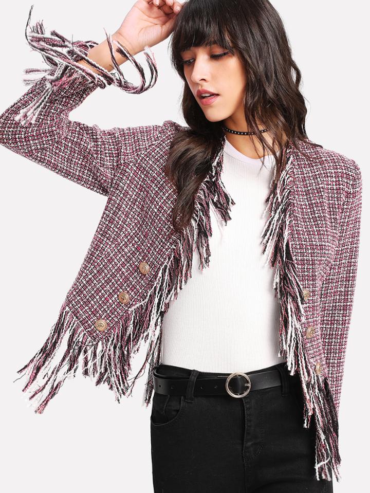 Shein Gold Button Fringe Trim Tweed Blazer