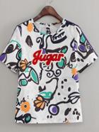 Shein Multicolor Applique Printed Zipper Back T-shirt