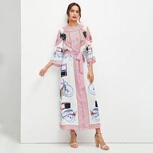 Shein Mixed Print Button Up Self Belted Hijab Dress