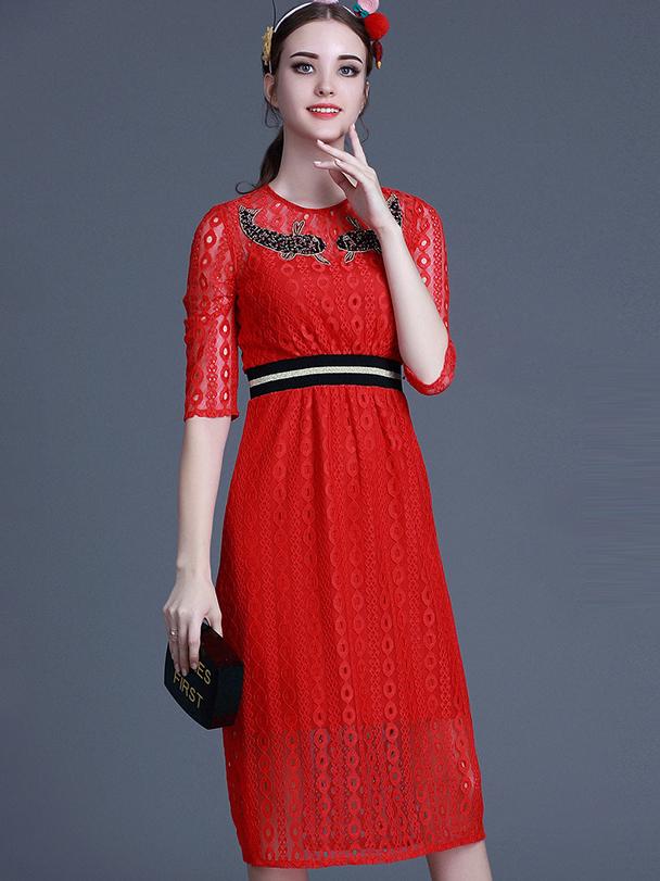 Shein Red Round Neck Half Sleeve Beading Lace Dress