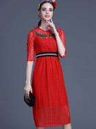 Shein Red Round Neck Half Sleeve Beading Lace Dress