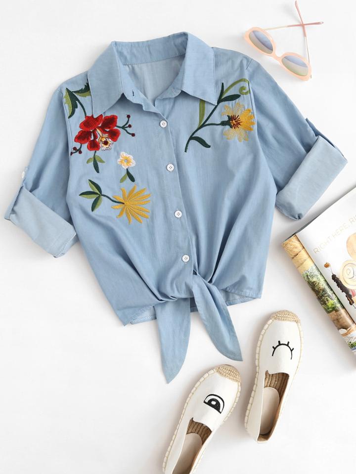 Shein Embroidered Roll Up Sleeve Self Tie Denim Shirt