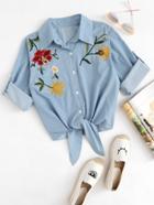 Shein Embroidered Roll Up Sleeve Self Tie Denim Shirt