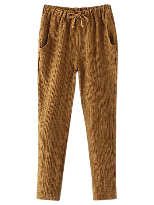 Shein Brown Pockets Drawstring Elastic Waist Hemp Pants