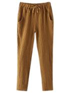 Shein Brown Pockets Drawstring Elastic Waist Hemp Pants