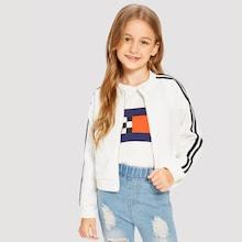 Shein Girls Zip Up Striped Trim Bomber Jacket