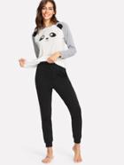 Shein Raglan Sleeve Panda Print Pullover & Sweatpants Pj Set