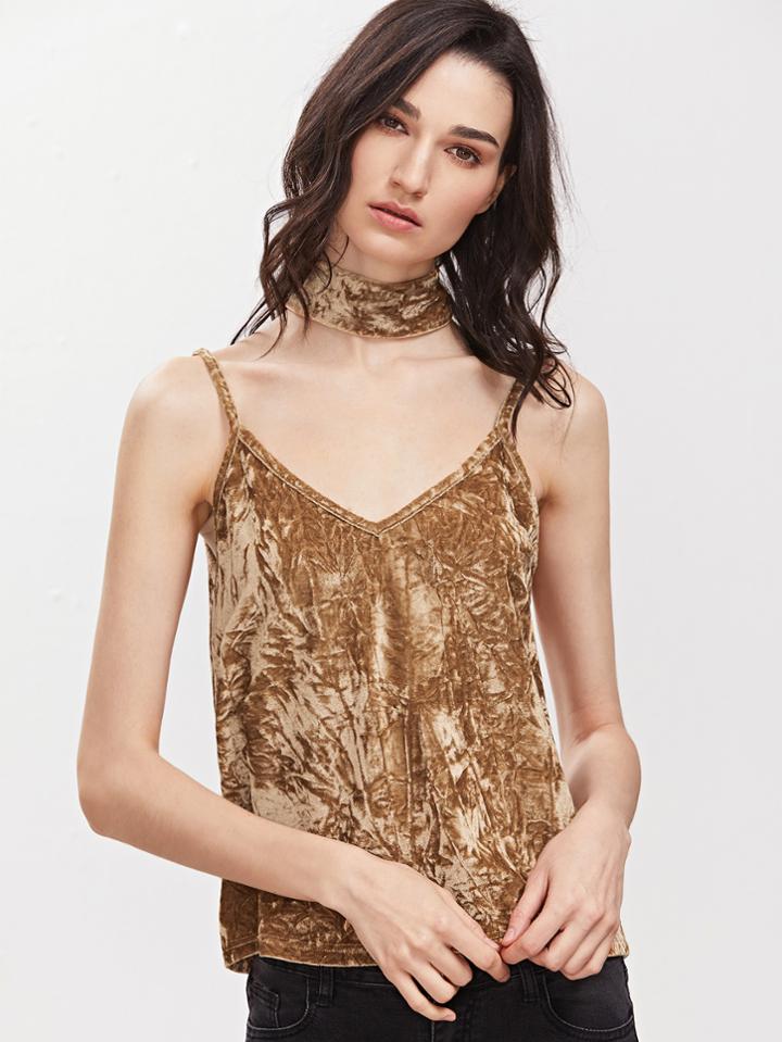 Shein V Back Crushed Velvet Cami Top With Neck Tie