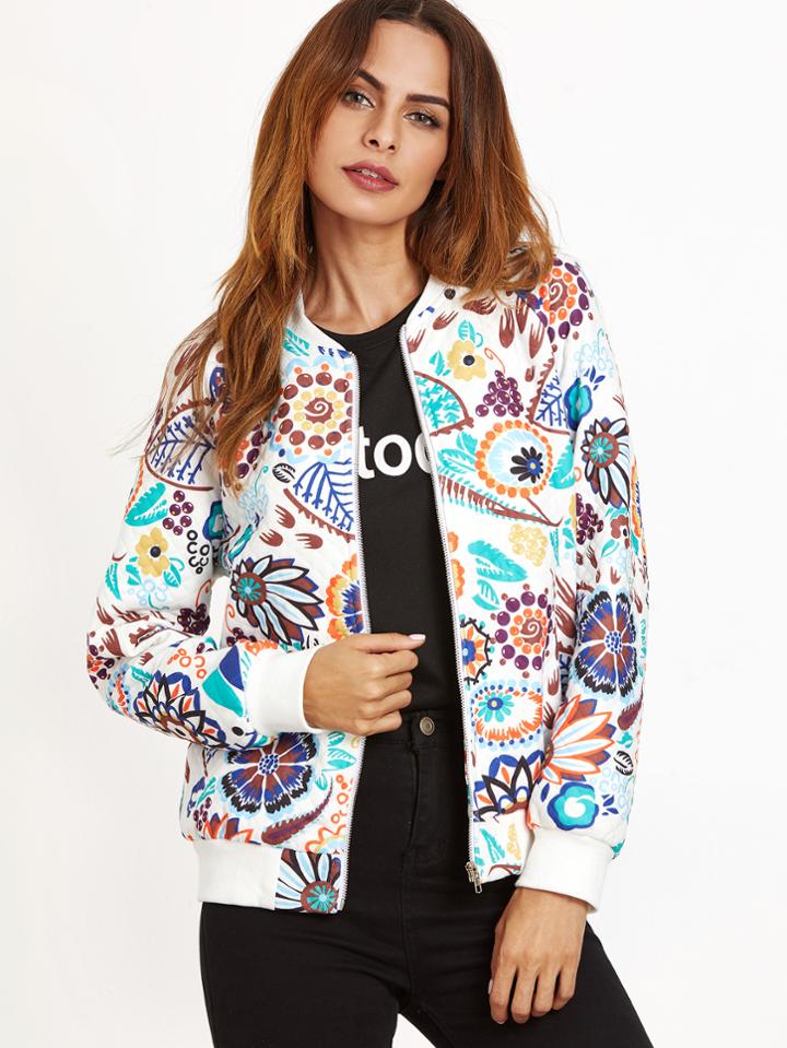 Shein Multicolor Abstract Floral Print Bomber Jacket