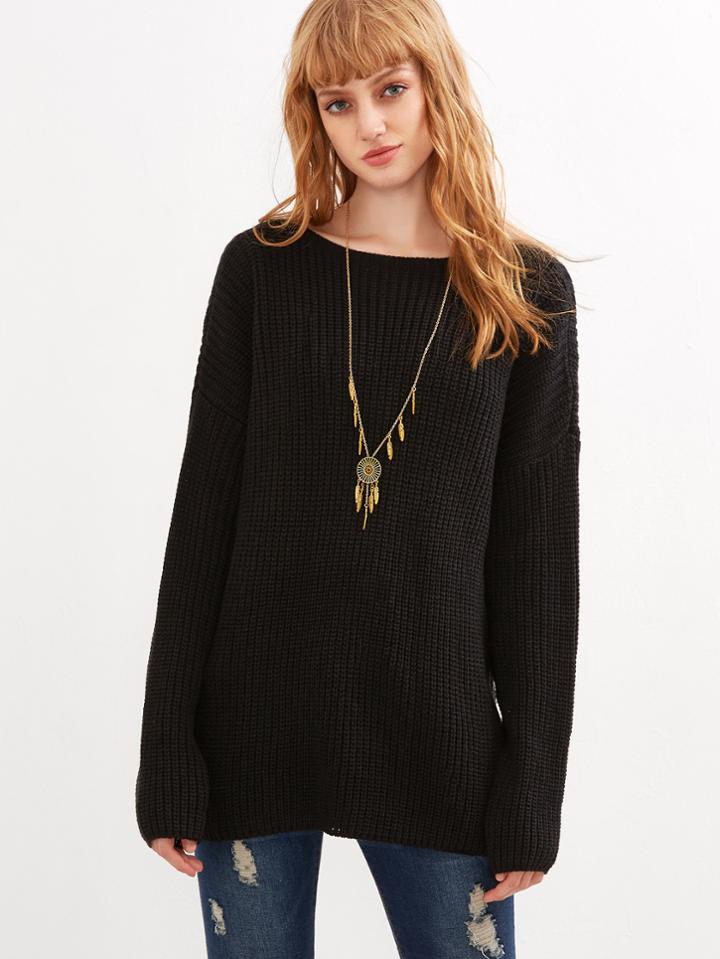 Shein Black Drop Shoulder Hollow Out Back Sweater