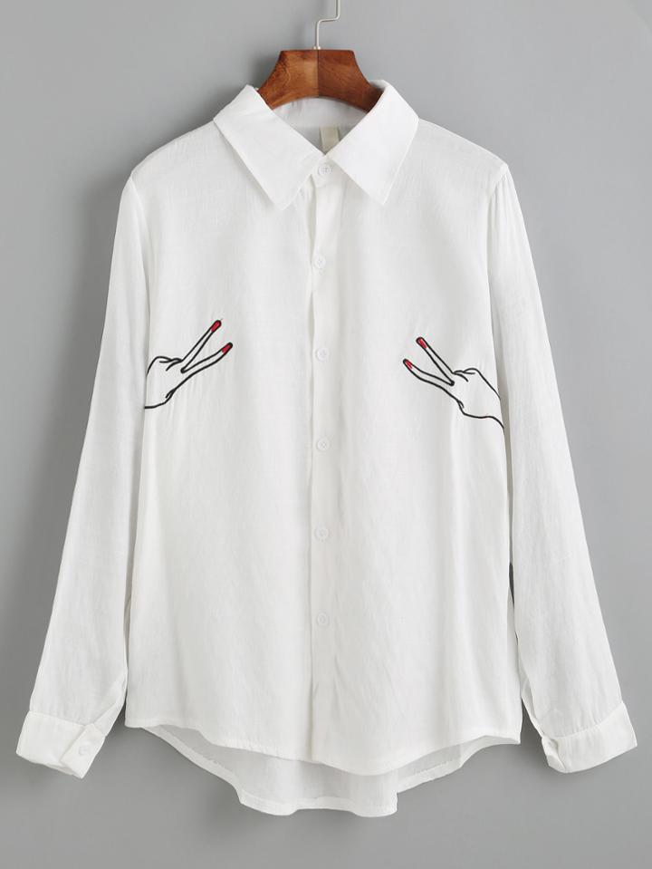 Shein Dip Hem Button Up Embroidered Shirt