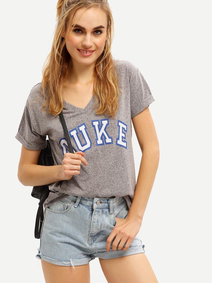 Shein Grey V Neck Letters Print T-shirt