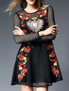 Shein Black Embroidered Hollow A-line Dress