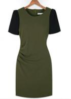 Rosewe Chic Army Green Paned Short Sleeve Sheath Dress